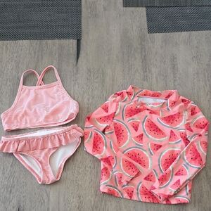 Carter's Pink Watermelon Print Rash Guard Set with Striped Bikini